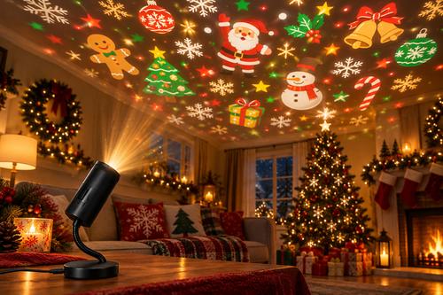 Christmas projector casting festive holiday patterns in a living room